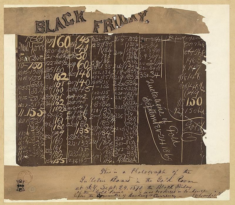 Fotografia de uma placa de 1869, mostrando o colapso do preço do ouro. (foto: Wikipedia)
