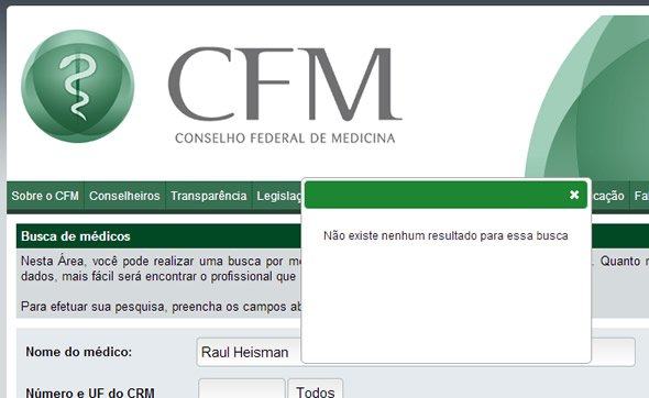 Reprodução do resultado da busca pelo doutor no site do Conselho Federal d Medicina!