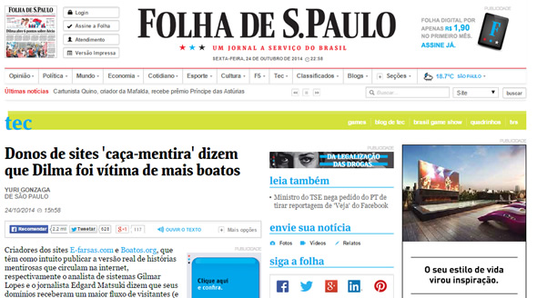 Gilmar Lopes do E-farsas fala na Folha de São Paulo sobre boatos eletrônicos em época de eleições! (reprodução)