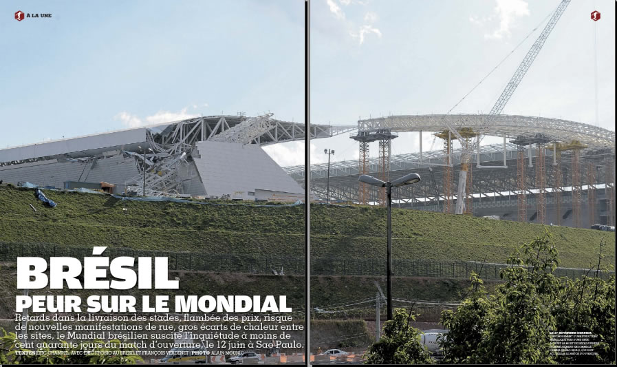 Páginas iniciais da matéria publicada na France Football mostra estádio Itaquerão em obras! (foto: Reprodução)