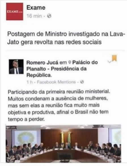 Novo ministro Romero Jucá teria dito que reunião sem mulheres é mais produtiva! Será Verdade? (foto: Reprodução/Facebook)