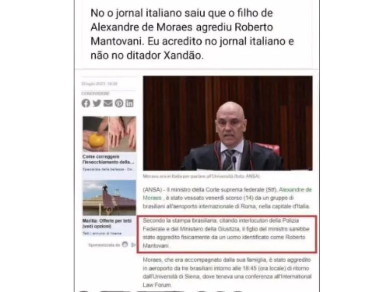 Jornal italiano afirmou que foi o filho de Alexandre de Moraes quem agrediu empresário em Roma?