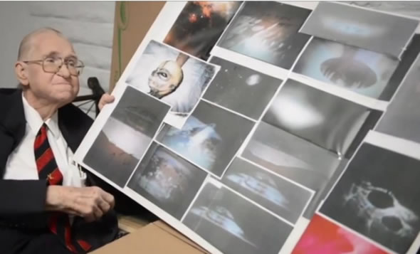 Boynd Bushman em sua última entrevista, mostrando fotos de um alienígena! (foto: Reprodução/YouTube)