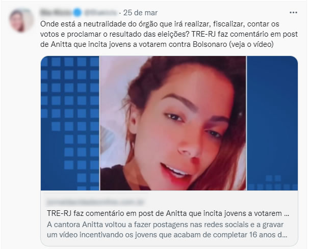 O TRE-RJ apoiou uma publicação da Anitta incitando jovens a votarem contra Bolsonaro?