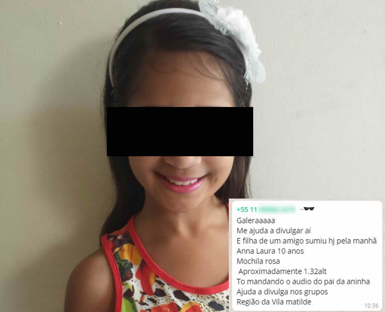 Anna Laura, de 10 anos, estaria desaparecida e o pai faz apelo desesperado no Whatsapp! Será verdade? (foto: Reprodução/Whatsapp)
