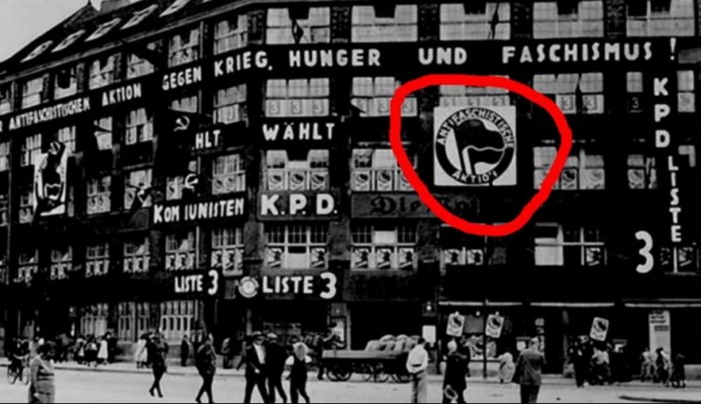 Bandeira antifascista no prédio do Partido Comunista Alemão é verdadeira ou falsa?