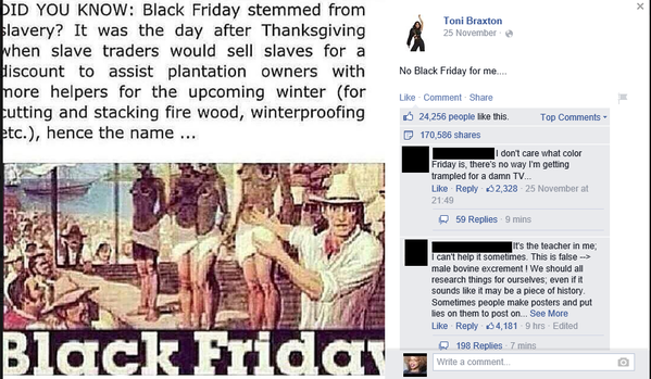 A cantora Toni Braxton publicou essa lenda em seu perfil do Facebook e ajudou a espalhar ainda mais a desinformação!