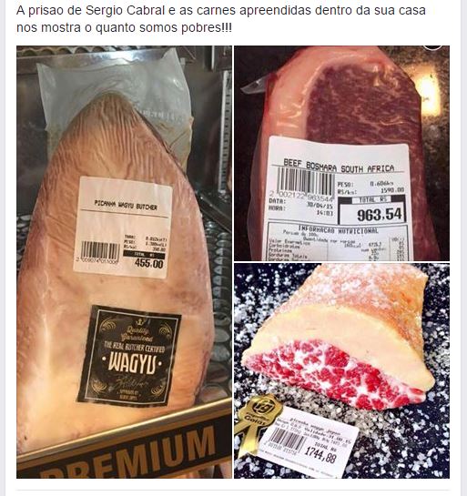 Carnes que teriam sido apreendidas na casa do ex-governador Sérgio Cabral! Será verdade? (fotos: Reprodução/Facebook) 