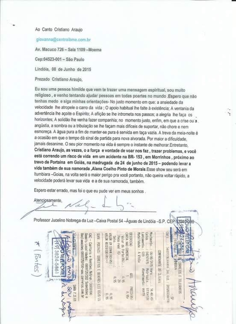 Carta premonitória teria sido enviada por vidente dias antes da morte de cantor! Será verdade? (foto: Reprodução/O Popular)