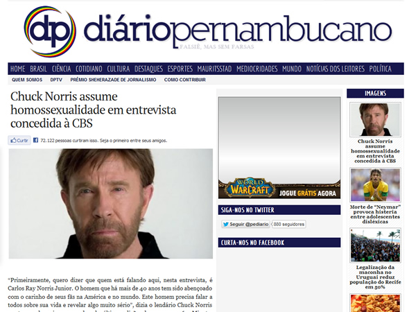 Reprodução da matéria humorística do Diário Pernambucano sobre a suposta homossexualidade de Chuck Norris!