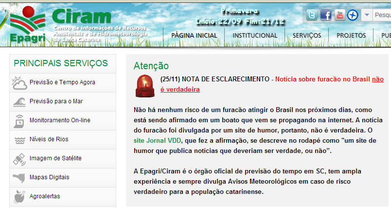 Reprodução da nota publicada no site da Ciram desmentindo essa notícia do furacão brasileiro