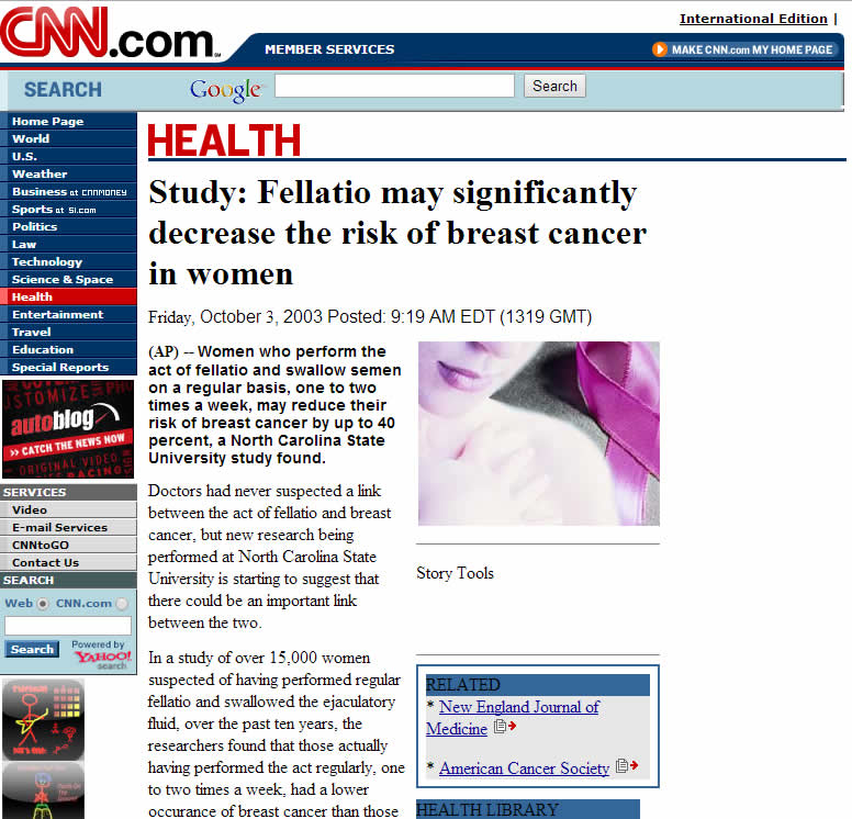 Matéria publicada no site da CNN comprova os benefícios da ingestão de sêmen! Verdadeiro ou falso? (foto: Reprodução/Facebook)