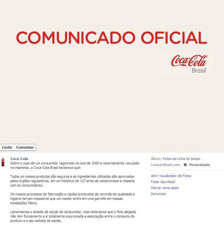 Reprodução da nota publicada no perfil da Coca-Cola no Facebook!