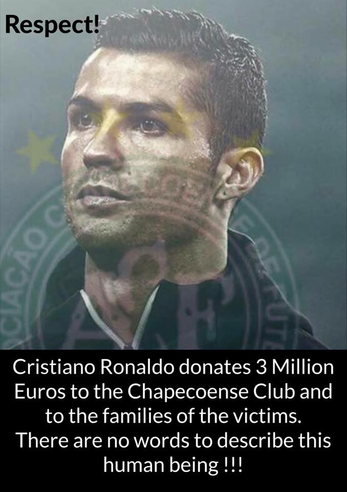 Cristiano Ronaldo teria doado 3 milhões de euros do seu salário para o Chapecoense! Será verdade?