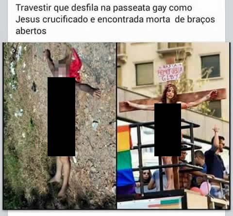 Travesti que desfilou presa a uma cruz na Parada Gay teria sido morta de braços abertos! Será verdade? (foto: reprodução/Facebook)
