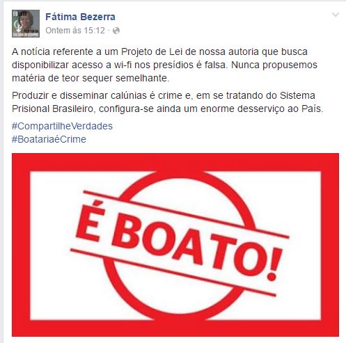 Deputada do PT está querendo instalar sinais de Wi-Fi nos presídios brasileiros! Será Verdade? (foto: Reprodução/Facebook)