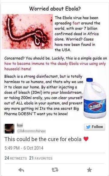 Mensagem espalhada pelo Facebook afirma que beber água sanitária é bom pro Ebola! Falso!