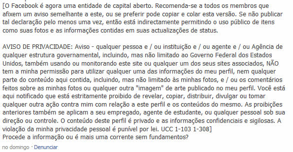 Aviso espalhado pelo Facebook (reprodução)