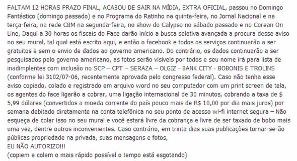 Faltam 12 horas! Prazo final! O Facebook será pago e sem privacidade!