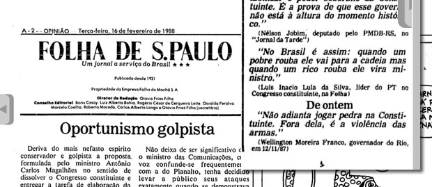 Recorte do jornal Folha de São Paulo do dia 16 de fevereiro de 1988, pg. 2!