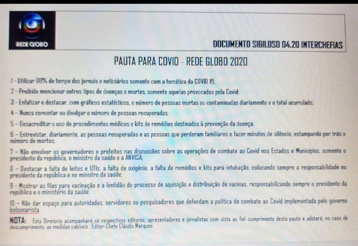 Ex-apresentador vazou documento sigiloso da Globo sobre como a emissora deve tratar a COVID-19?