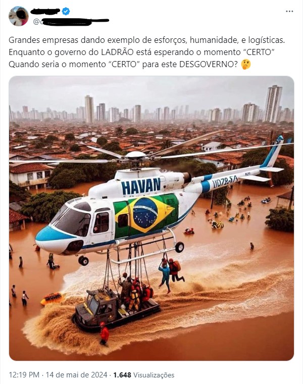 Foto mostra helicóptero da Havan salvando pessoas das enchentes! Será verdade? 