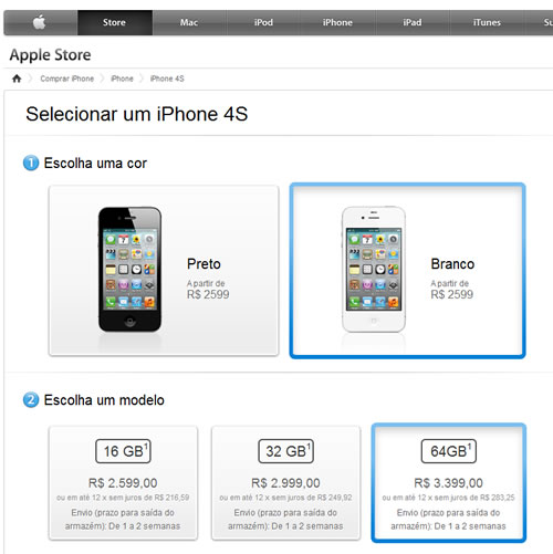 Screen Shot do site da Apple Store