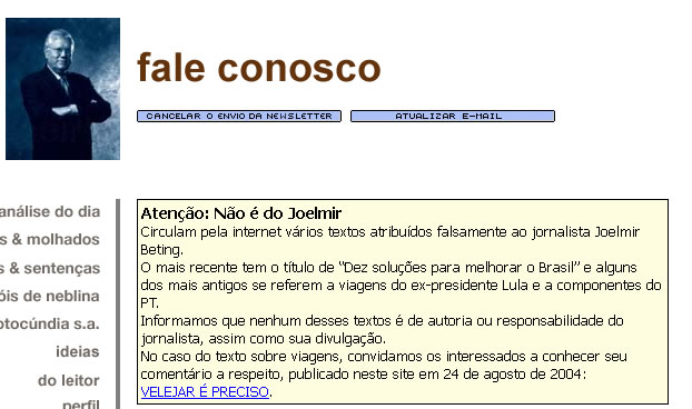 Aviso no site do Joelmir Beting