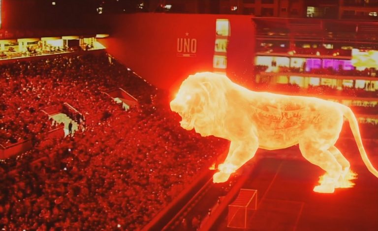 Holograma de um leão gigante foi usado na reinauguração de um estádio na Argentina?