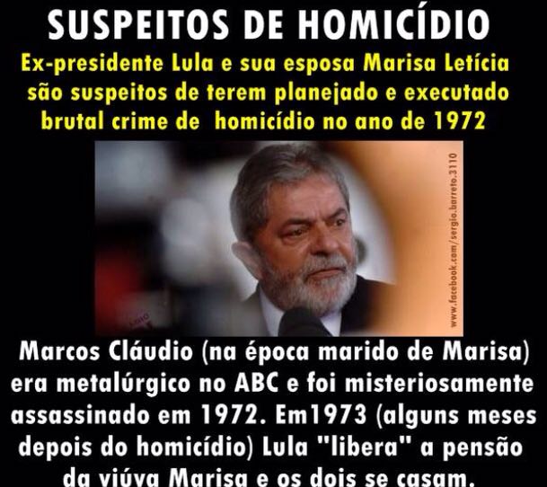 Imagem que circula pelo Facebook afirma que Lula e Marisa são suspeitos de assassinato! Será verdade? 