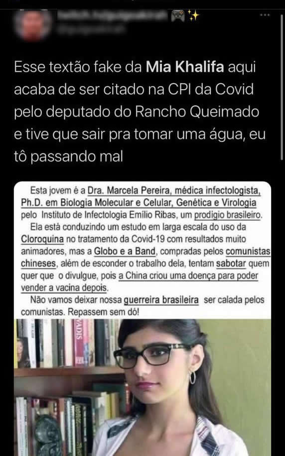 O senador Heinze citou meme com a Mia Khalifa em seu discurso na CPI?