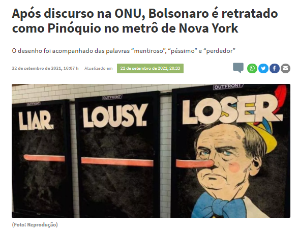 Cartazes com charge do Bolsonaro de Pinóquio foram colocados no metrô de Nova York?