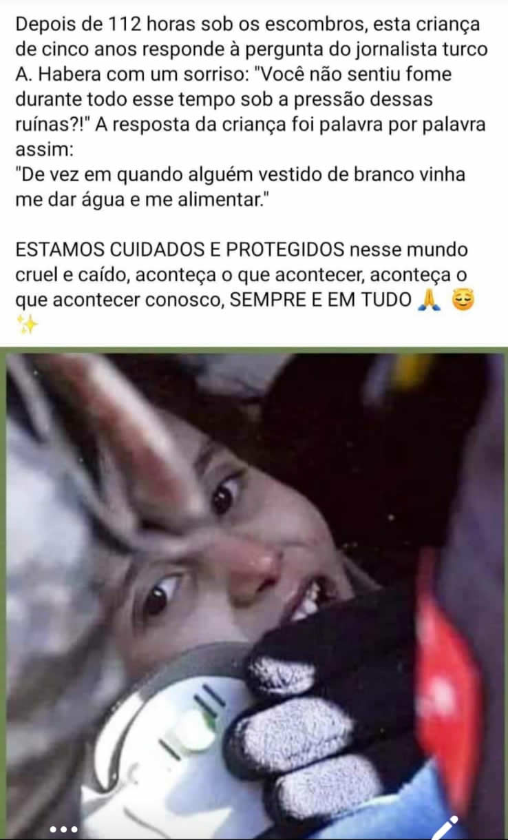 Criança resgatada após 112 horas dos escombros disse que um anjo o alimentou depois do terremoto?