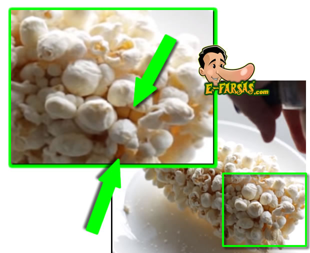 Aos 27 segundos do vídeo podemos ver os grãos de milho por baixo das pipocas, evidenciando que elas foram coladas por cima do milho!