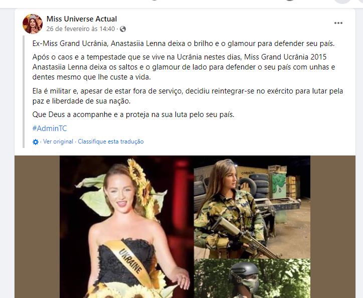 Anastasiia Lenna, ex-miss da Ucrânia, voltou para o exército para defender o seu país?