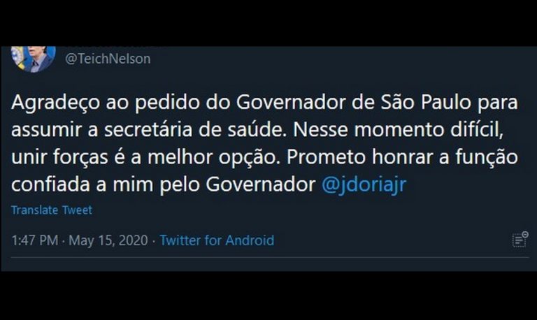 Ex-ministro Nelson Teich aceitou o cargo de Secretário de Saúde do Estado de São Paulo?