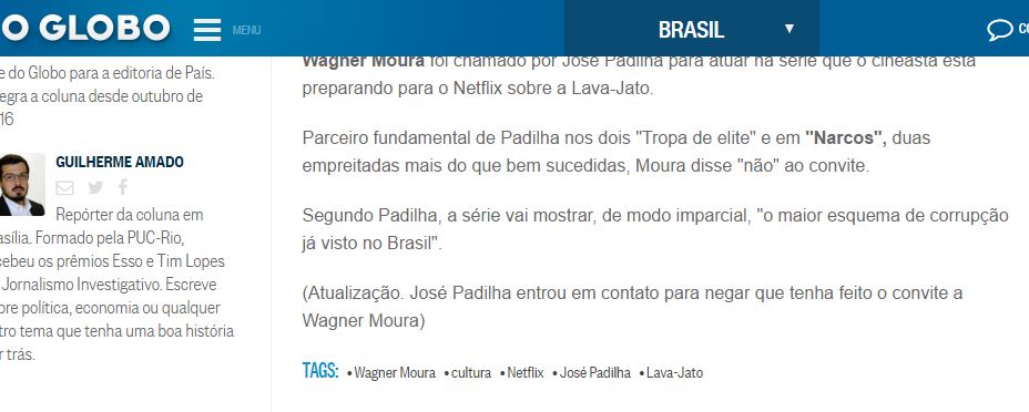 Jornalista fez uma atualização em sua matéria, explicando que o diretor José Padilha não convidou Wagner Moura!