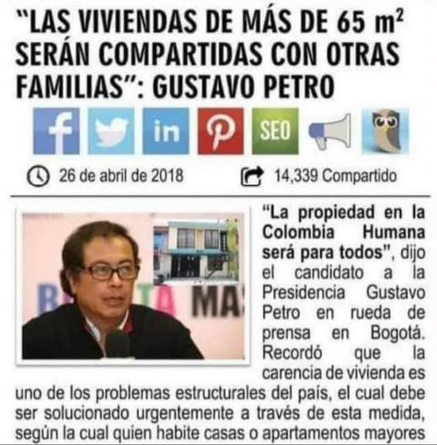 O novo presidente da Colômbia disse que quem tiver casa com mais de 65m² terá que dividir ela com outras pessoas? 