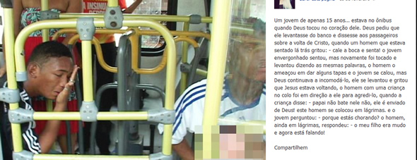 Texto que circula pelas redes sociais e em diversos blogs! Rapaz com problemas de fala foi agredido no ônibus por falar sobre religião. (foto: Reprodução/Facebook)