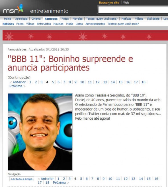 MSN - Reprodução da notícia falsa da participação do Bobagento no BBB