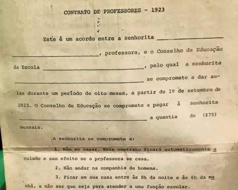 Contrato de professoras em 1923 proibia casar, frequentar sorveterias e andar com homens?