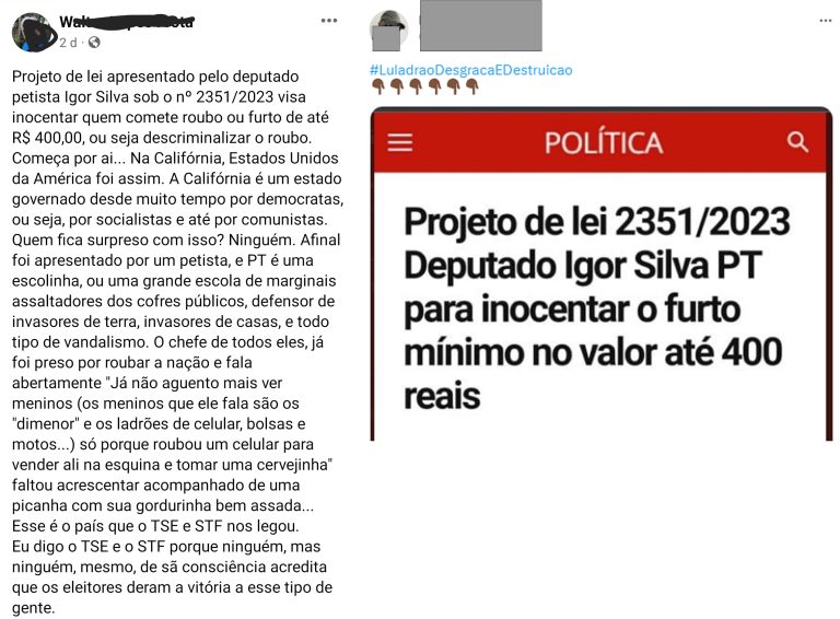 O projeto de lei 2351/2023 vai inocentar o furto de até 400 reais?