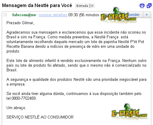 Resposta da Nestlé sobre a papinha Banana