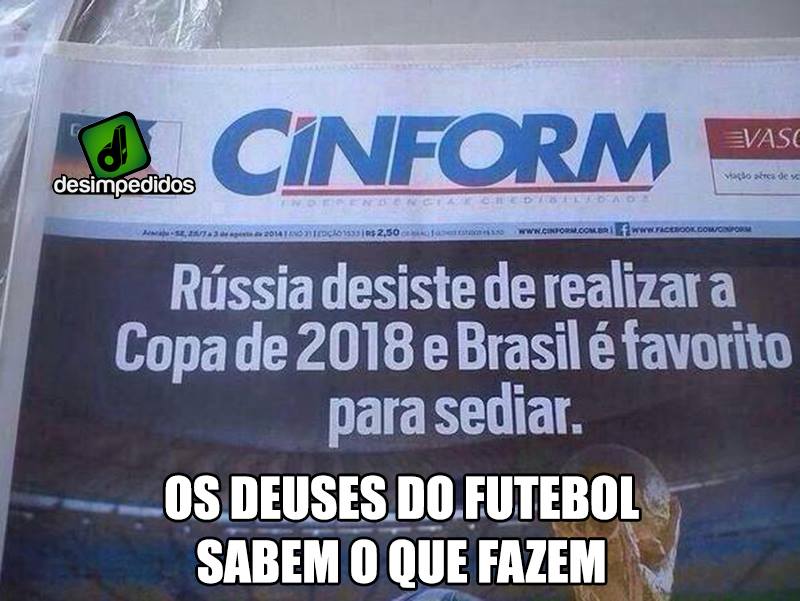 Recorte de jornal afirma que a Rússia desistiu da Copa e Brasil é o favorito! Será verdade? (foto: Reprodução/Facebook)