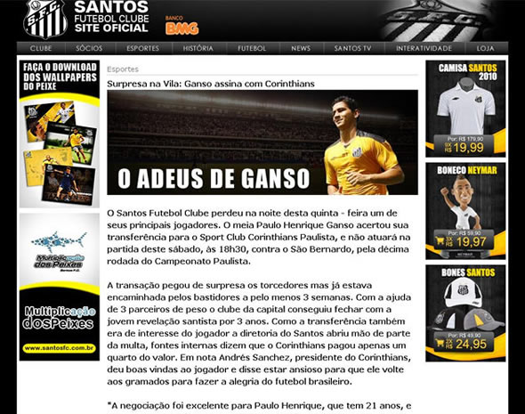 Reproduçao do site do Santos com a notícia alterada!
