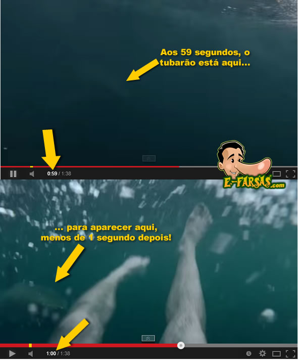 O tubarão parece mudar de um local para outro no vídeo!