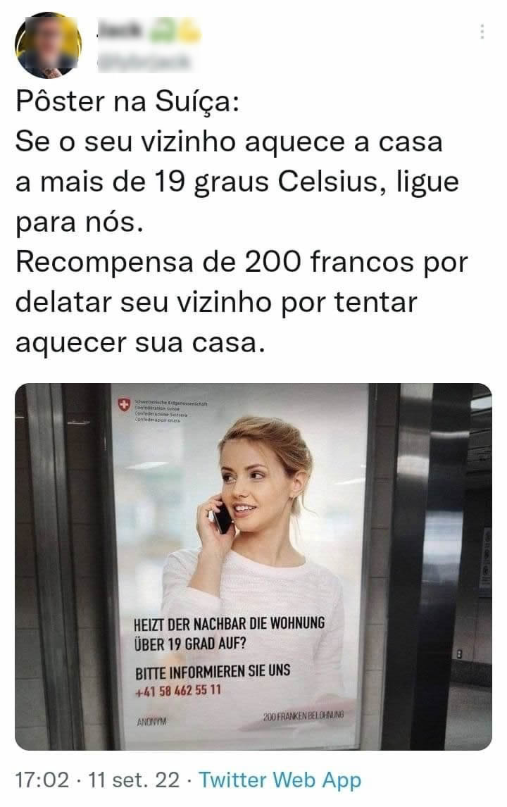 Suíça oferece recompensa para quem delatar vizinho que usa aquecedor a mais de 19 graus?