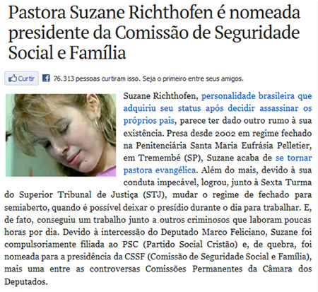 Reprodução da noticia sobre a nomeação de Suzane Richthofen é nomeada presidente da Comissão de Seguridade Social e Família