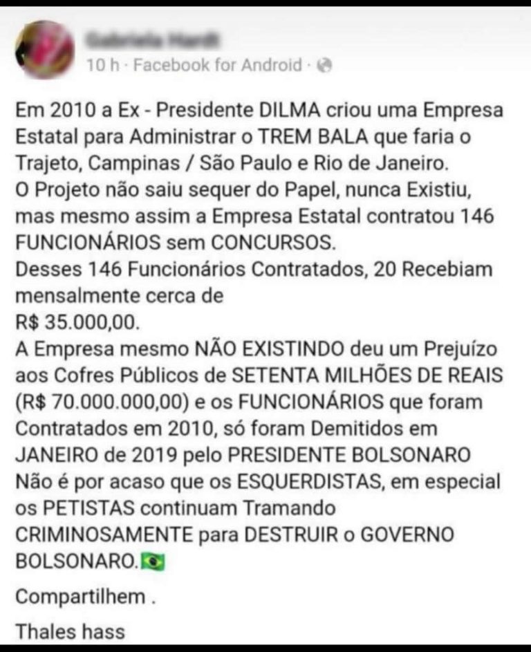 Bolsonaro demitiu os 146 funcionários da empresa fantasma do trem-bala criada pela Dilma?