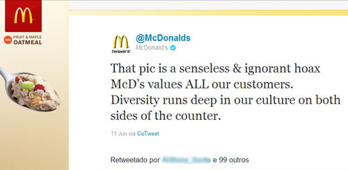 Reprodução do Twit do Mcdonalds